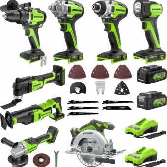 Greenworks 24V 8pcs Combo Kit,(2) Batteries & (2) Chargers. 800in/lb Drill, Impact Driver,Wrench, Multi-tool, Reciprocating Saw, Circular saw, Angle Grinder and Flashlight